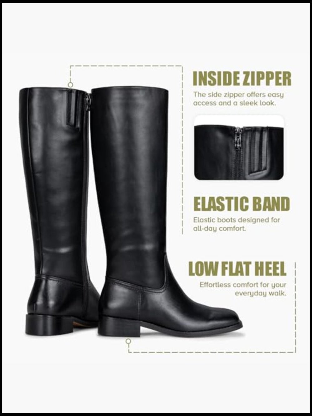 Knee High Boots Low Heel Square Toe Riding Boots Side Zipper Tall Boots - Picture 5 of 7